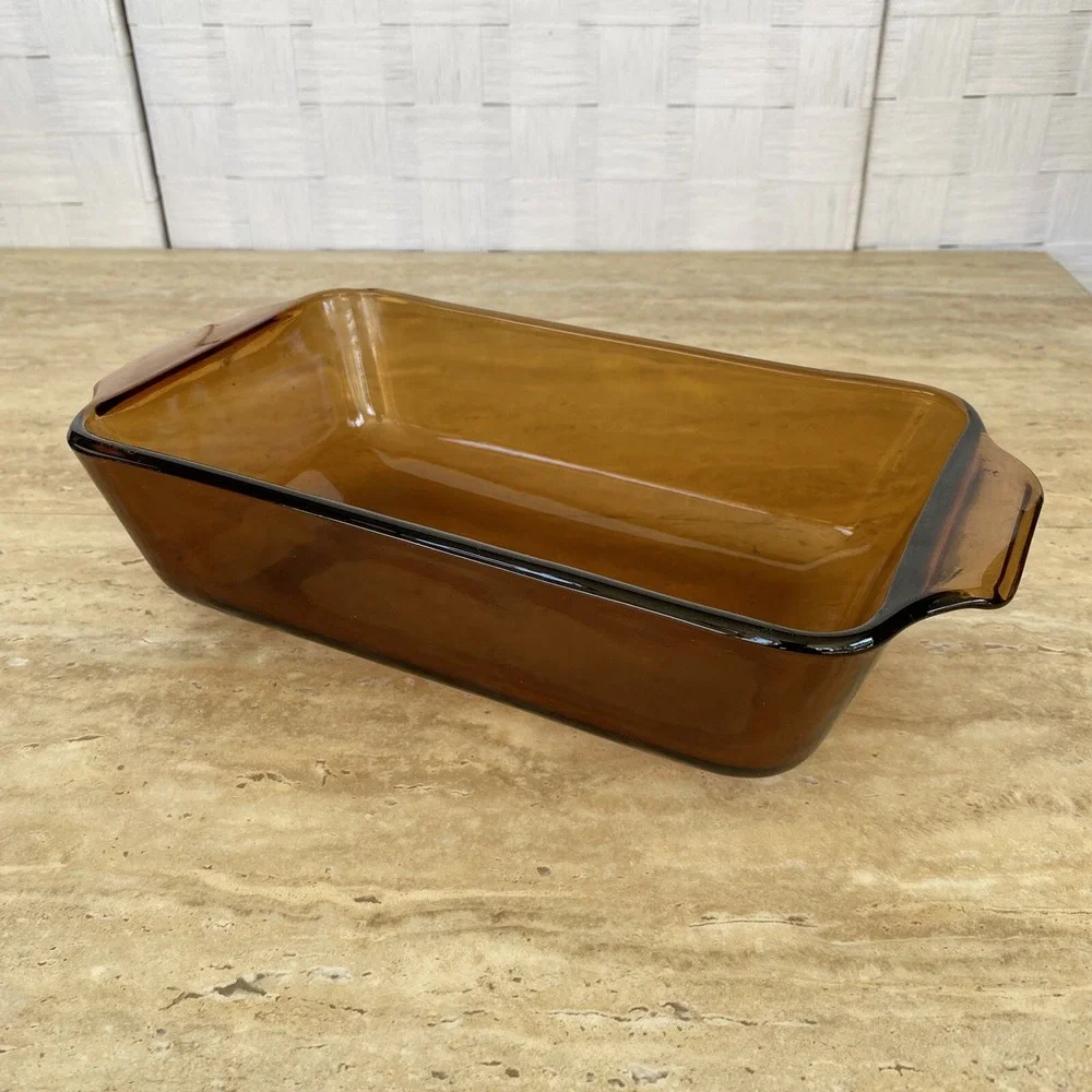 Anchor Hocking Fire King Loaf Pan Amber Glass 1 Qt w/ Wicker Basket Vintage MCM